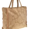 Borsa Mare Beige in Tessuto con Stampa Foglie e Frange Basile CLASS BA22208