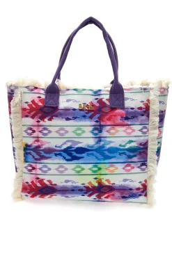 Borsa mare viola con stampa colorata e frange Basile BA23601
