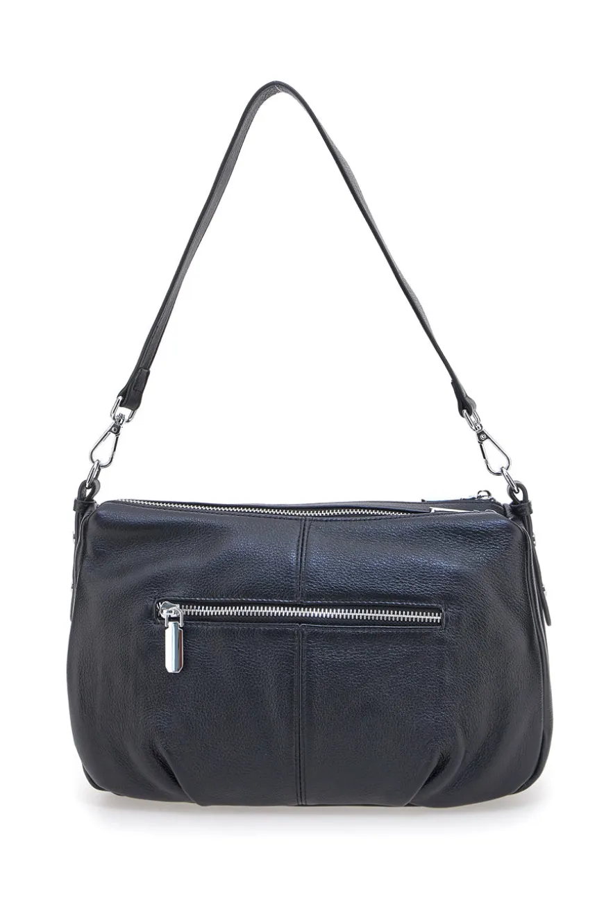 Borsa nera in vera pelle con manico corto e tracolla removibili First Lady SL 58809