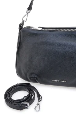 Borsa nera in vera pelle con manico corto e tracolla removibili First Lady SL 58809