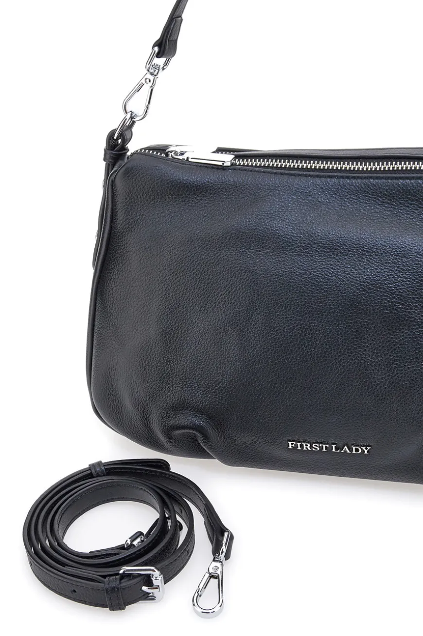 Borsa nera in vera pelle con manico corto e tracolla removibili First Lady SL 58809