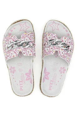 Ciabatte bianche con fantasia rosa e catena decorativa Pitt Kids 14506