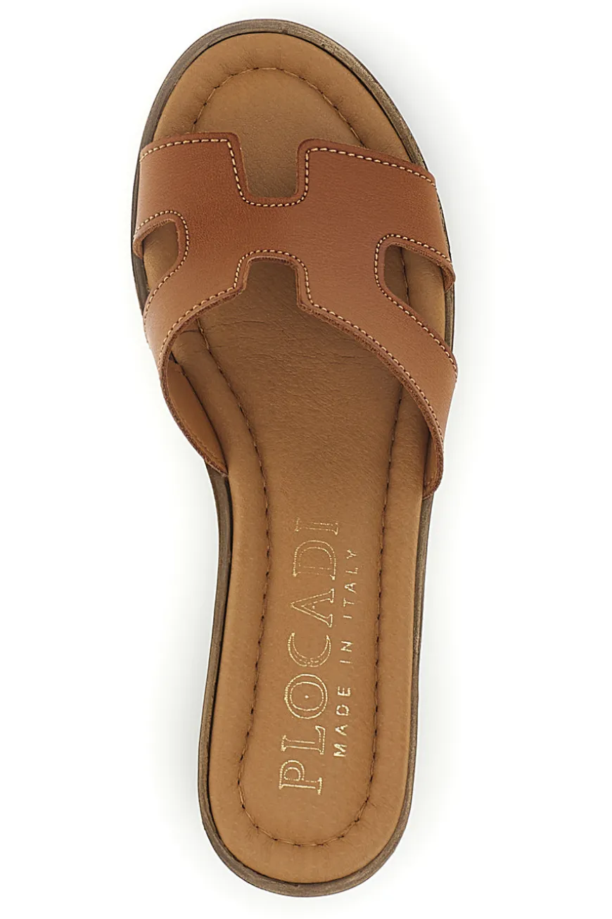 Ciabatte cuoio mules con fascia traforata e tacco effetto legno Made in Italy Plocadi 046525