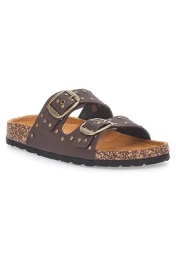 Ciabatte marroni in denim con borchie e doppia fibbia PITTARELLO SUN SR001