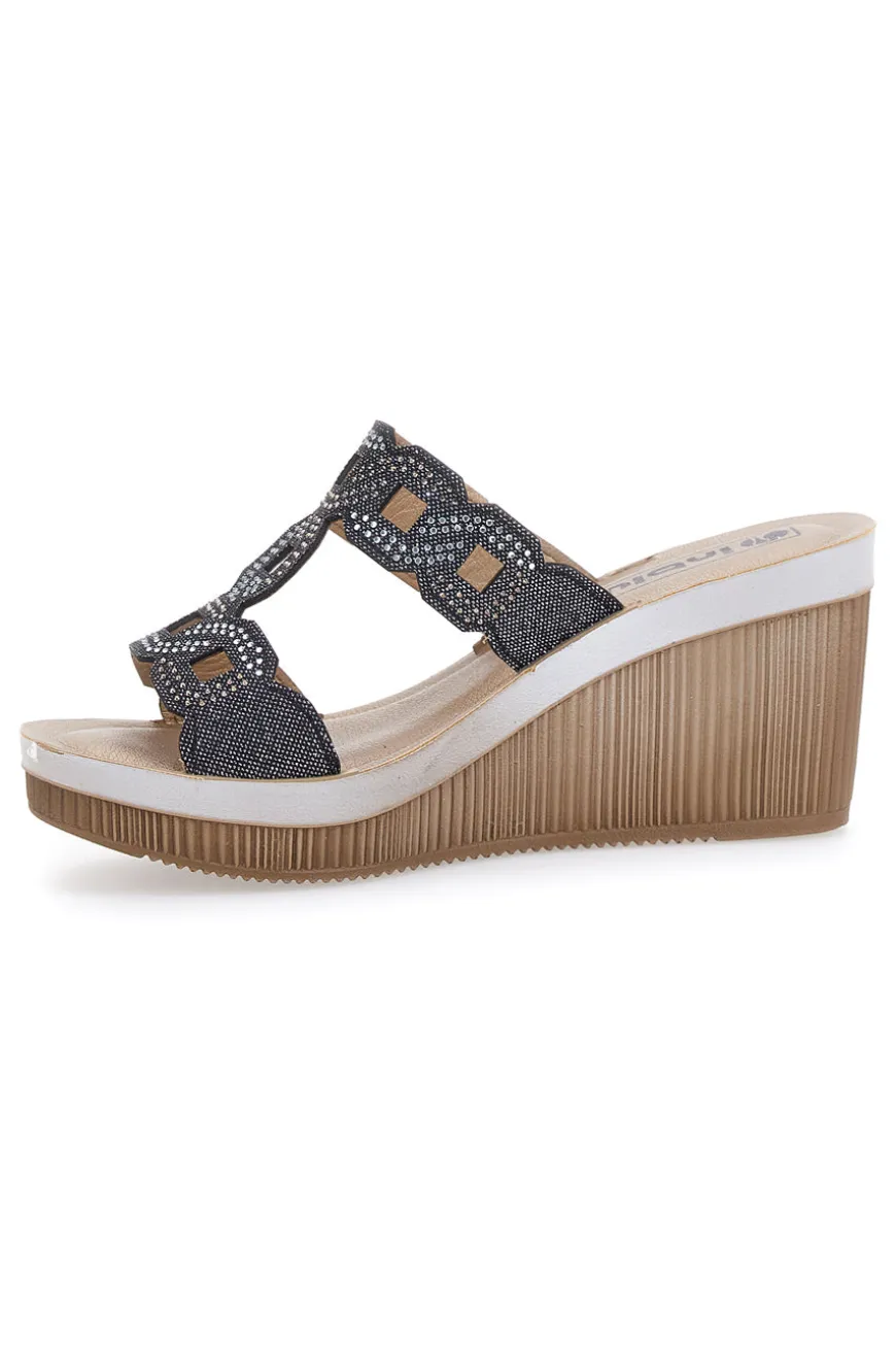 Ciabatte Nere Con Zeppa e Strass Inblu 34 As