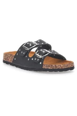 Ciabatte nere in denim con borchie e doppia fibbia PITTARELLO SUN SR001