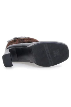 Laura Biagiotti 9384M schwarze Stiefeletten mit hohem Absatz, Riemen und Pelzbesatz