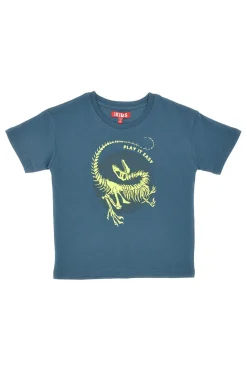 Maglia Girocollo a Miche Corte Petrolio con Stampa Giallo Fluo PITT KIDS PT-K-T-7011