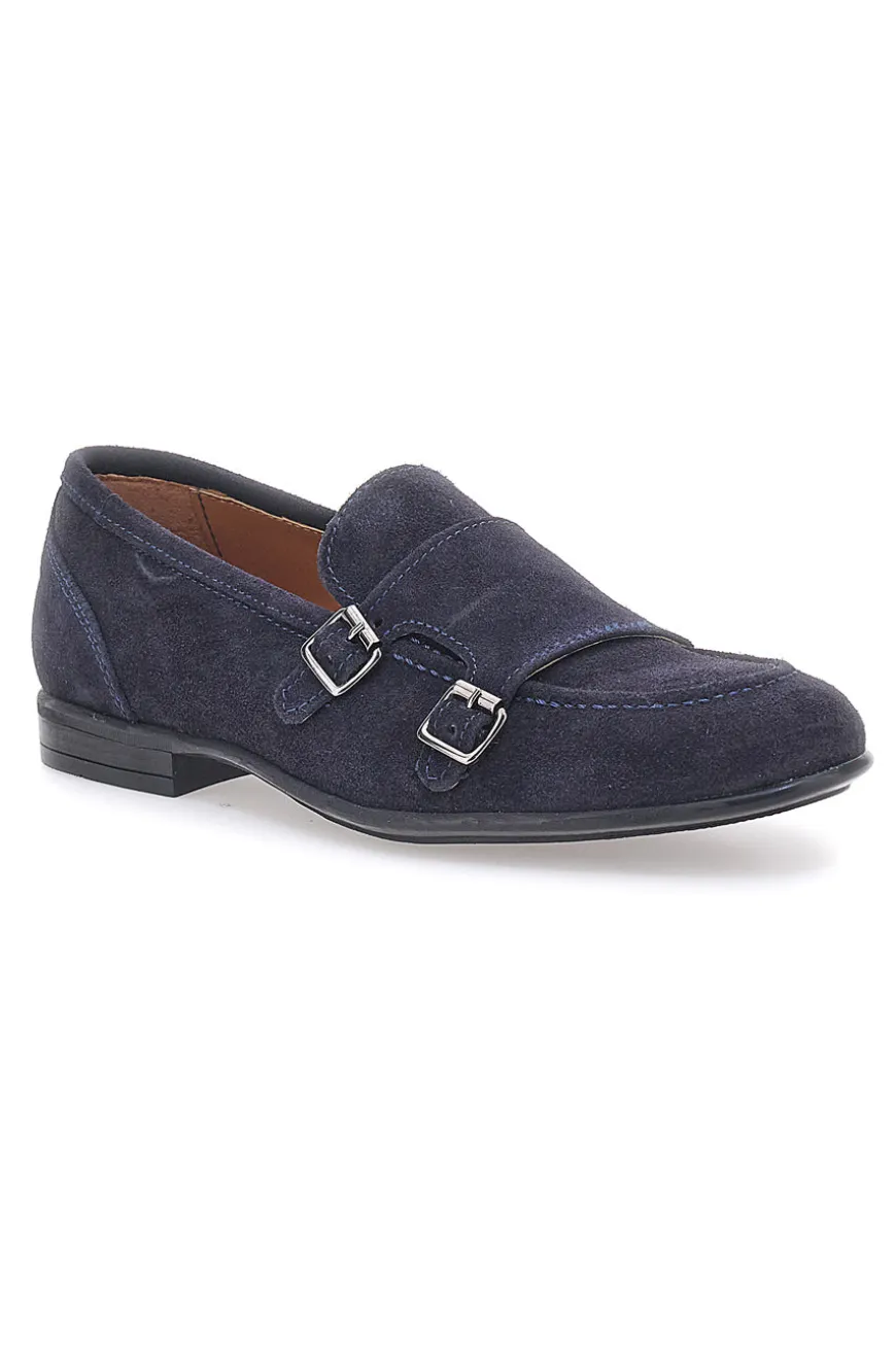 Mocassini da uomo blu scuro con doppia fibbia in pelle calzata ampia Ptr 4077
