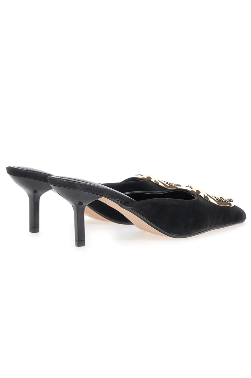 Mules nere effetto velluto con tacco e dettaglio gioiello Renato Balestra 672