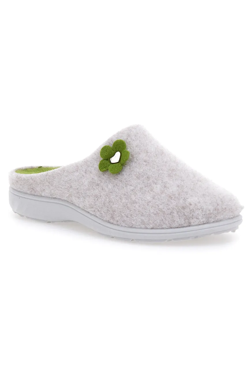 Pantofole Beige in Feltro con Fiorellino Verde e Plantare Estraibile Grazie 3003d