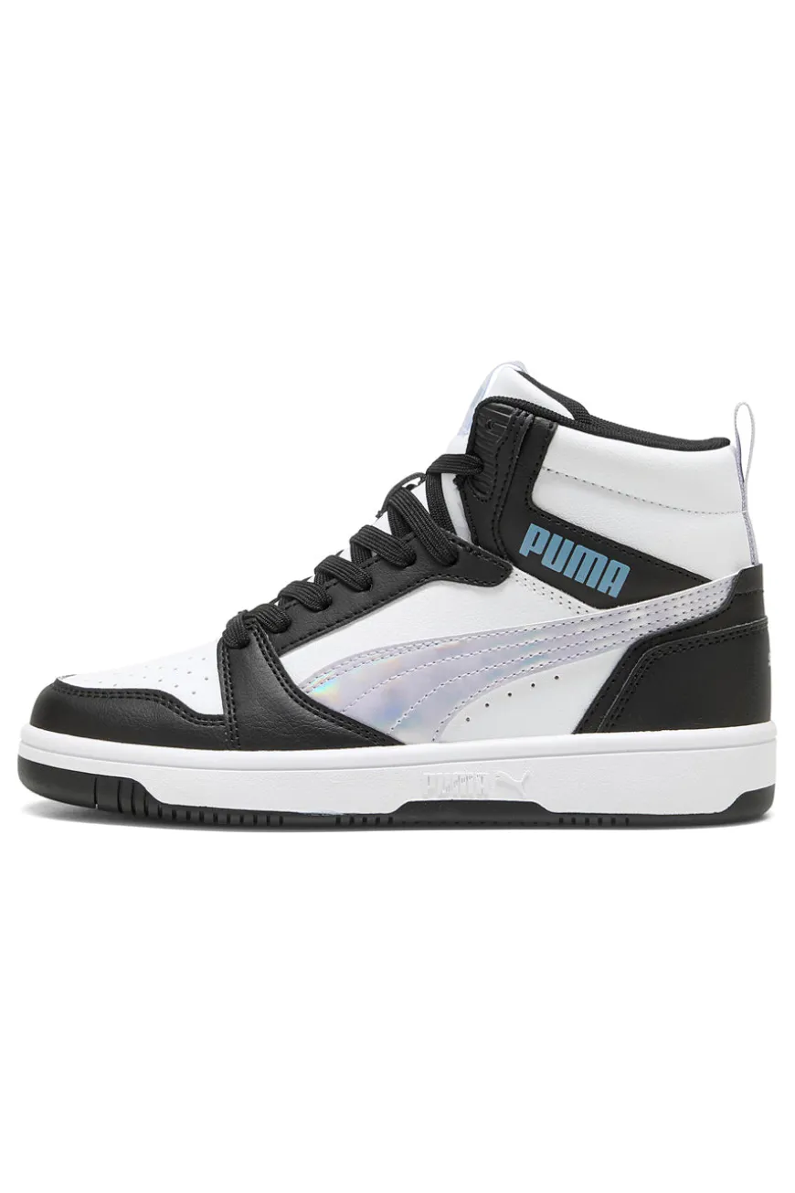 Puma Rebound V6 Mid Space Belle Jr – Schwarze und weiße High-Top-Sneaker mit schillernden Details