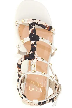 Sandali beige con borchie, lacci animalier e tacco geometrico Mon Dieu 1652