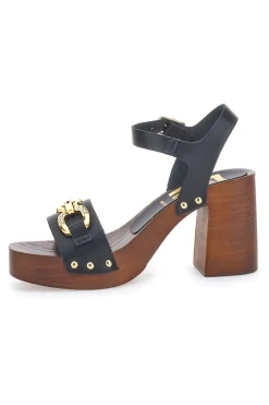 Sandali neri con tacco largo e catena dorata Pittarello Love 9086