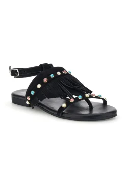 Sandali neri in vera pelle infradito con frange e borchie Pittarello look IF6856