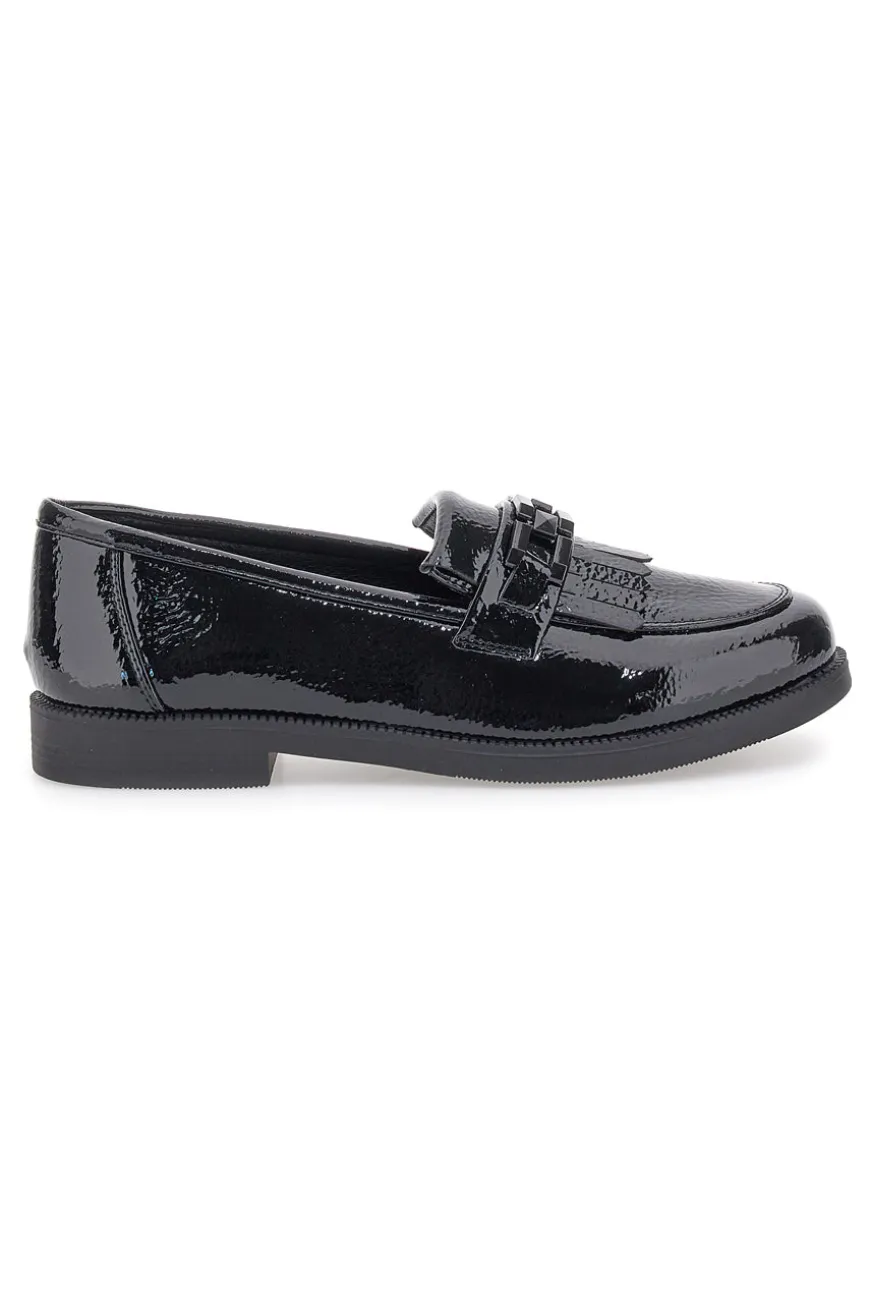 Schwarze Lack-Loafer mit Fransen und Prima Riga-Riemen MINA1995