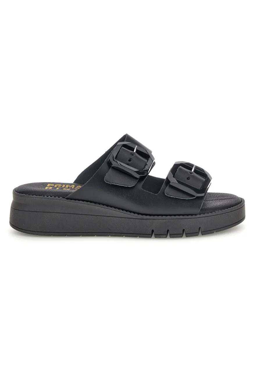 Schwarzer Slipper mit doppeltem Riemen und Schnallen Prima riga V113