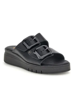 Schwarzer Slipper mit doppeltem Riemen und Schnallen Prima riga V113