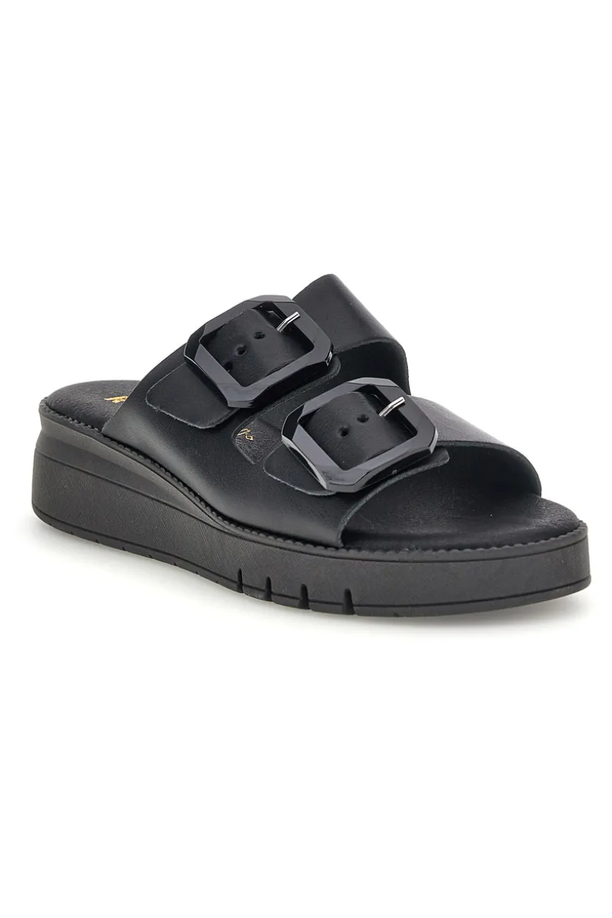 Schwarzer Slipper mit doppeltem Riemen und Schnallen Prima riga V113