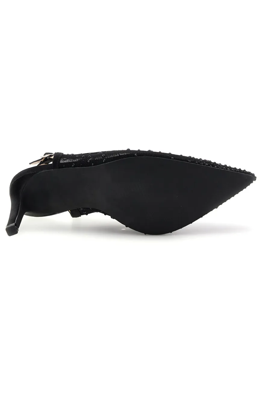 Schwarze Tüll Slingback Pumps mit Strasssteinen First Lady P656