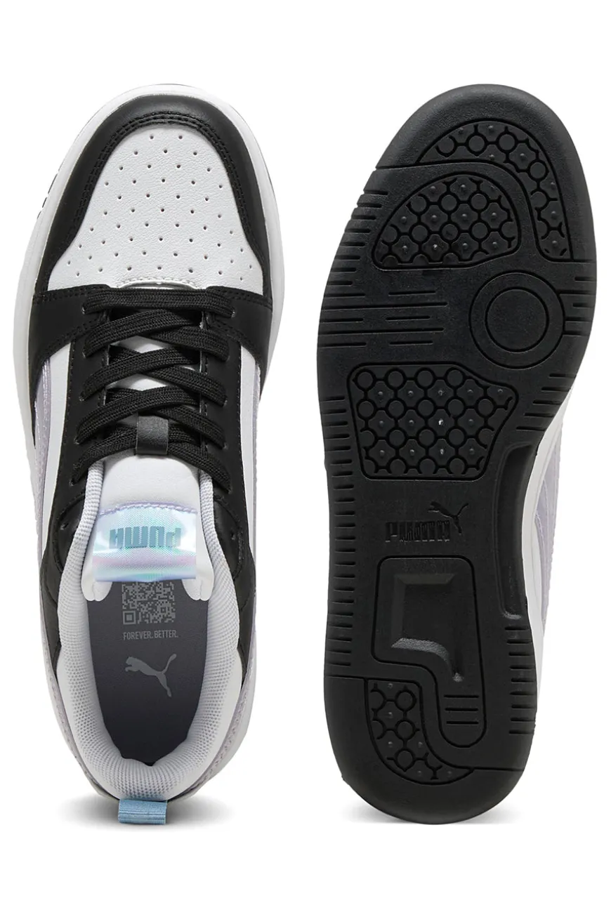 Sneakers basse bianche nere e lilla con dettagli iridescenti Puma Rebound V6 Lo Space Belle Jr