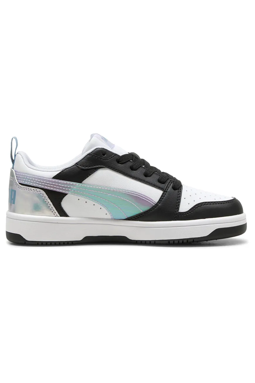 Sneakers basse bianche nere e lilla con dettagli iridescenti Puma Rebound V6 Lo Space Belle Jr