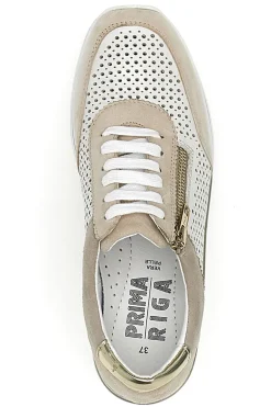 Sneakers Beige Bianco in pelle con lacci e zip Prima riga 21668FAST
