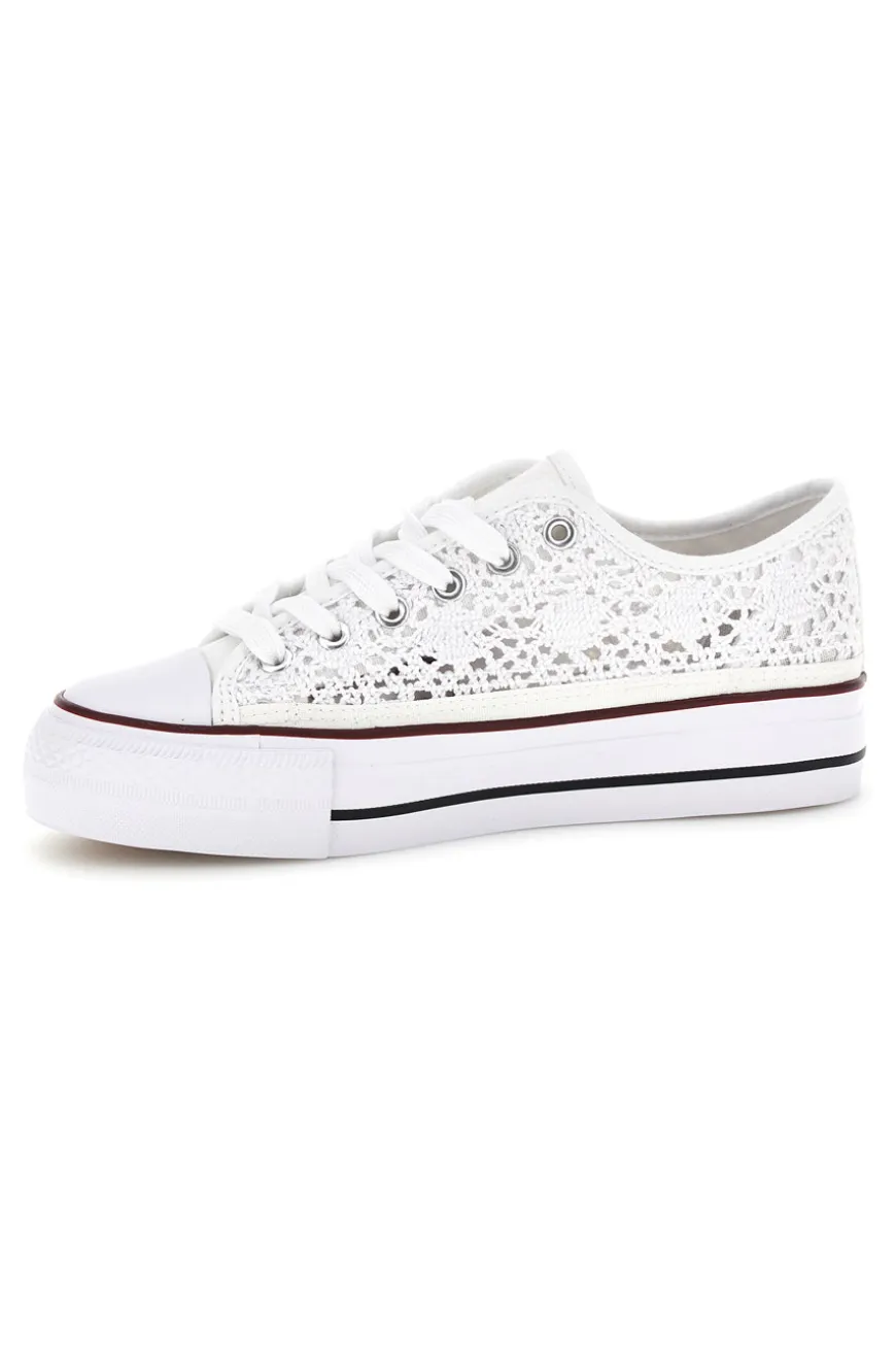 Sneakers bianche in tela con trama ricamata traforata con lacci 2T2L 8013