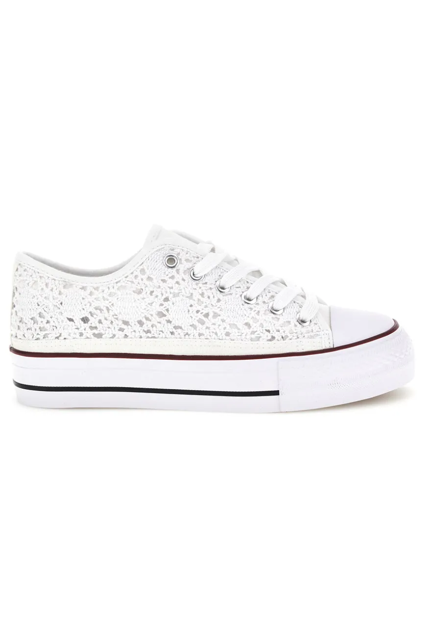 Sneakers bianche in tela con trama ricamata traforata con lacci 2T2L 8013