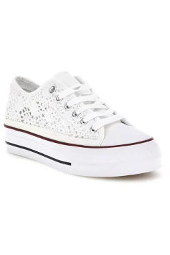 Sneakers bianche in tela con trama ricamata traforata con lacci 2T2L 8013