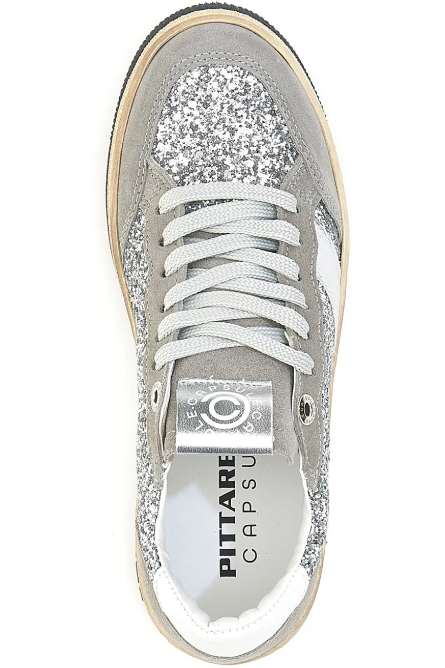 Sneakers grigio argento in pelle con dettagli glitter Made in Italy Pittarello Capsule Kelly