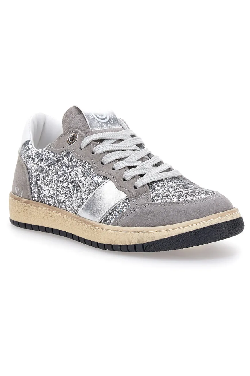 Sneakers grigio argento in pelle con dettagli glitter Made in Italy Pittarello Capsule Kelly