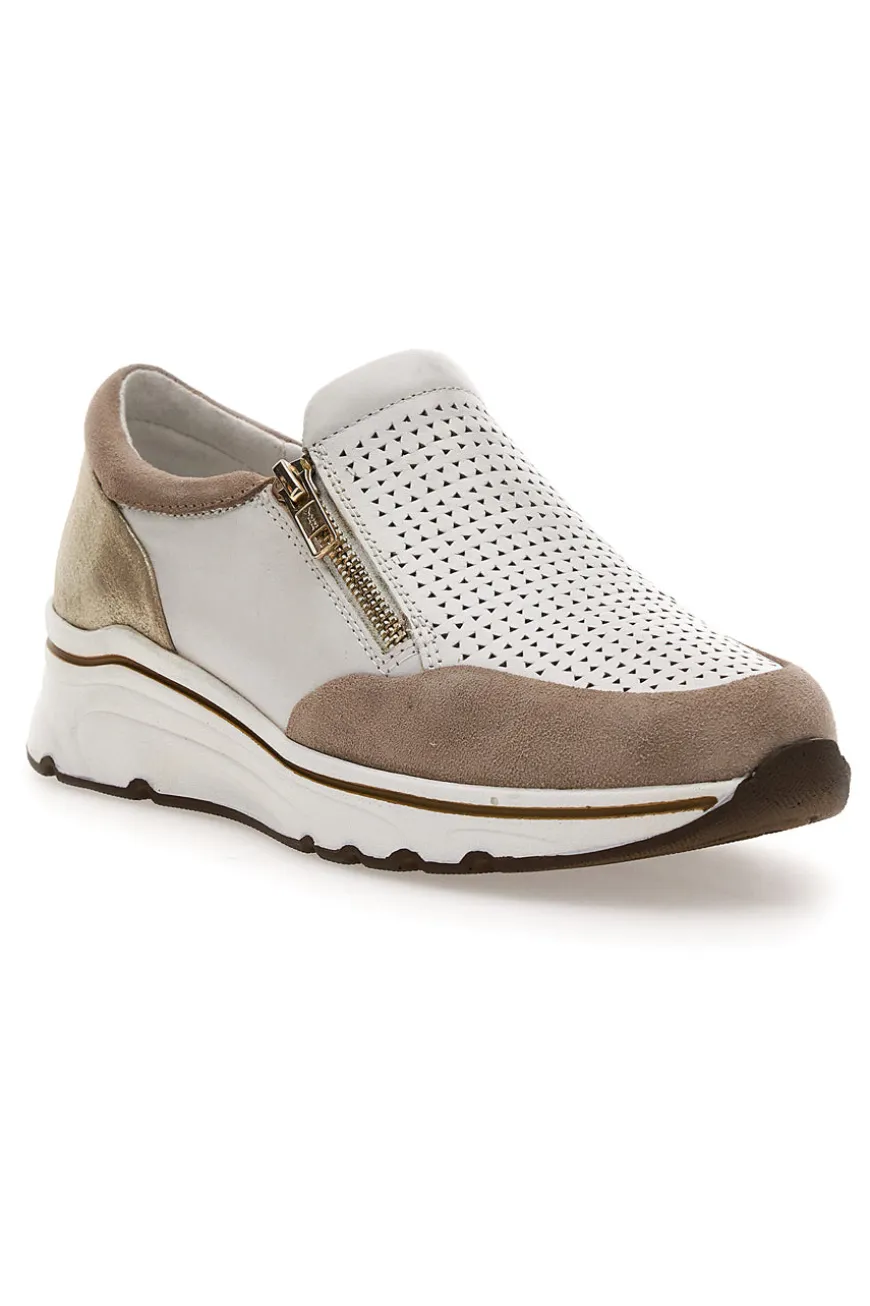 Sneakers slip on Beige Bianco in pelle Prima riga 24564GLAM