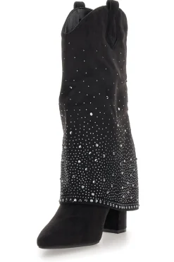 Stivali texani neri con tacco alto e strass The First P606