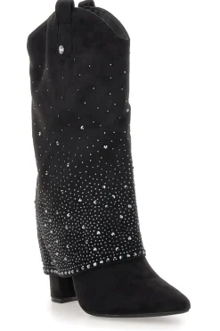 Stivali texani neri con tacco alto e strass The First P606