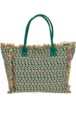 Strandtasche aus grünem Stoff mit Blumendruck und mehrfarbigen Fransen Basile CLASS BA22214