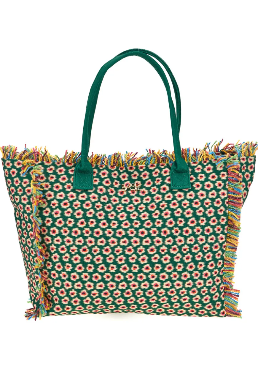 Strandtasche aus grünem Stoff mit Blumendruck und mehrfarbigen Fransen Basile CLASS BA22214