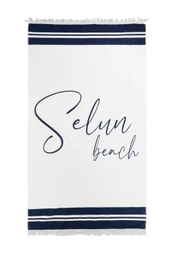 Telo mare bianco blu con frange Selun beach 261009
