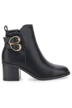 The First P635 Schwarze Stiefeletten mit Absatz und doppelter goldener Schnalle