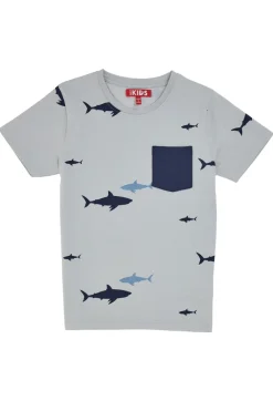 T-shirt Grigia Con Squali e Taschina Blu Pitt Kids PT-B-T-05018